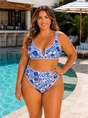 Blue White Floral Bikini Set 1XL Two Piece Swimsuit NWOT